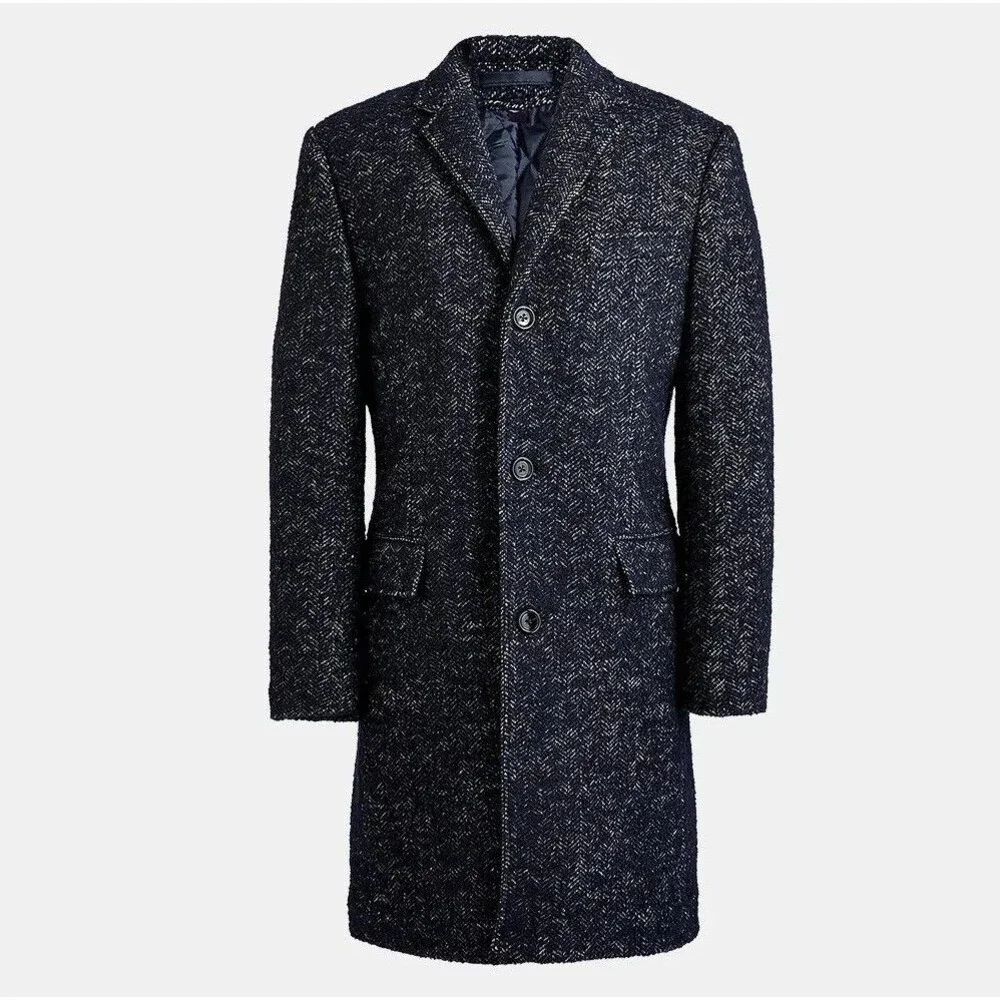 J. Crew Men’s Thompson Wool Blend Herringbone Top Coat Navy Blue Size 44R AC592